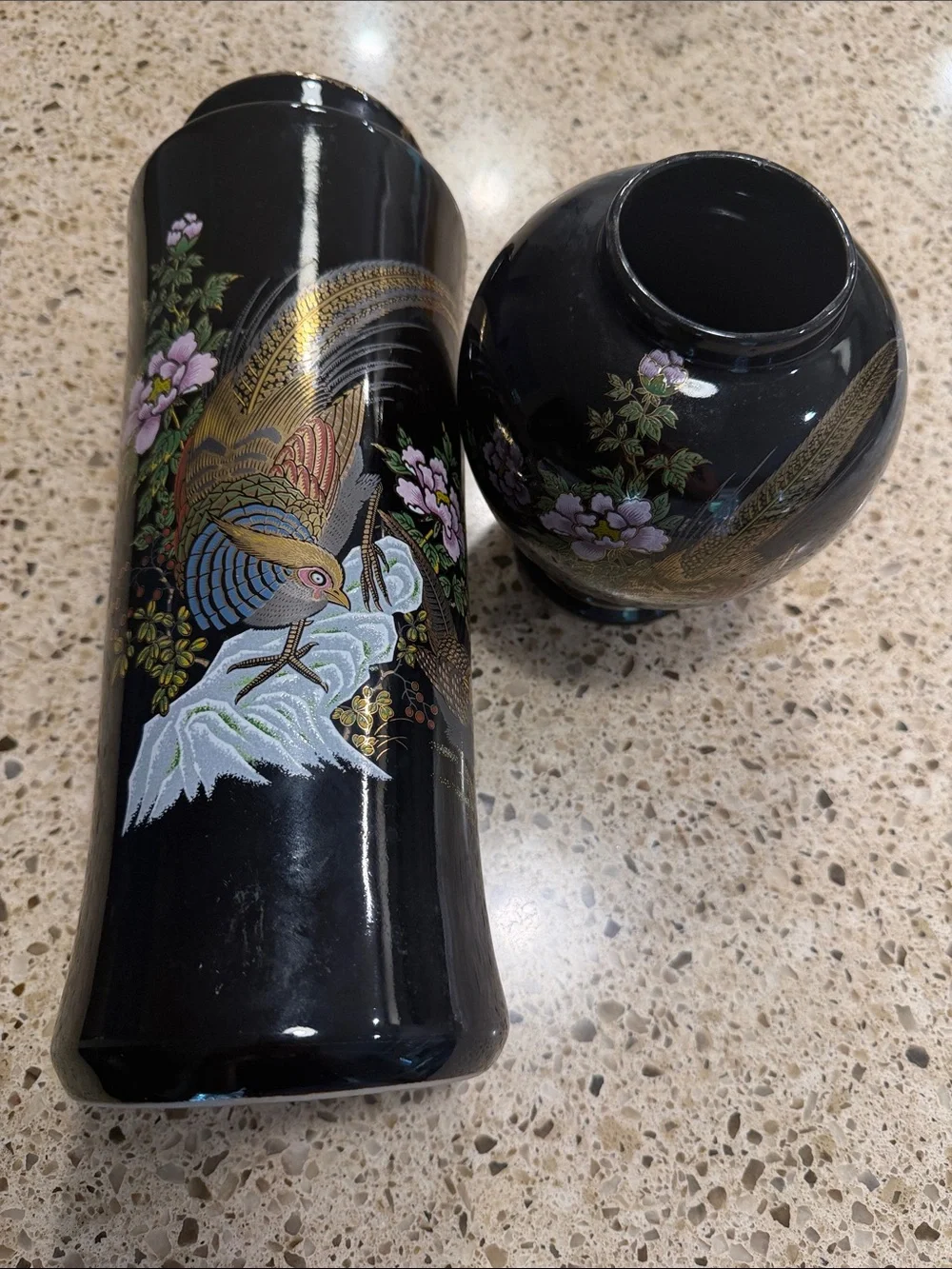 Black Lacquered Vase Set with Gold & Pastel Bird Motif Peacock